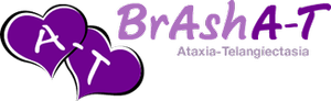 BrashAT logo with three purple hearts and text reading BrashA-T Ataxia-Telangiectasia.
