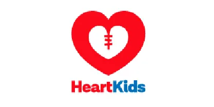Red heart shape with a white center featuring a stylized heart valve symbol above the text 'HeartKids' in red and blue.