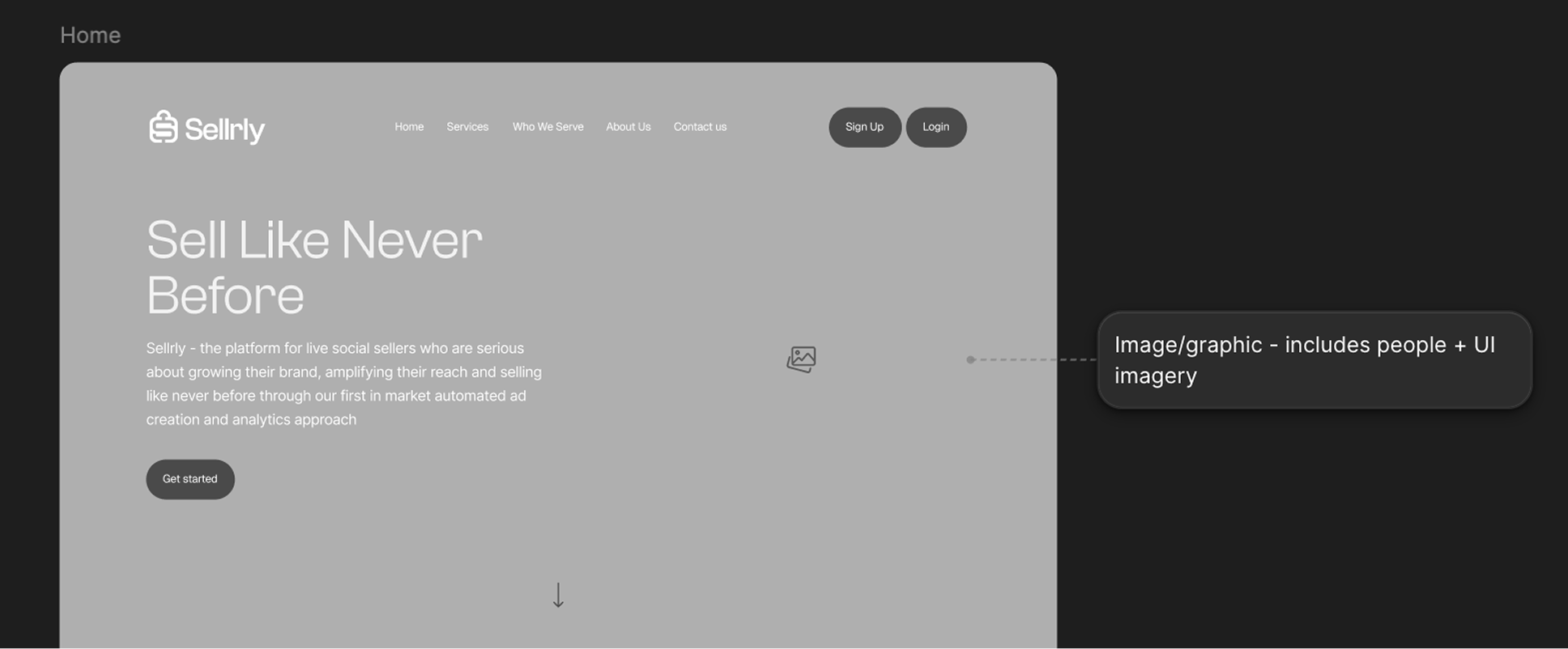 Sellrly website homepage with tagline 'Sell Like Never Before', description about live social selling platform, navigation menu, and get started button.