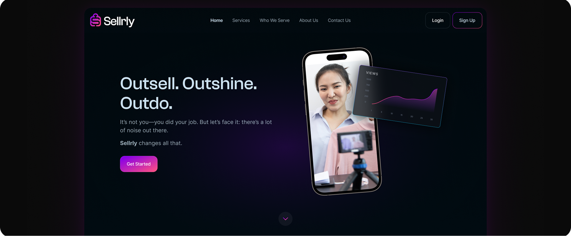 Screenshot of Sellrly website homepage with slogan 'Outsell. Outshine. Outdo.', a call-to-action button, and image of a woman recording a video on a smartphone with a views graph overlay.