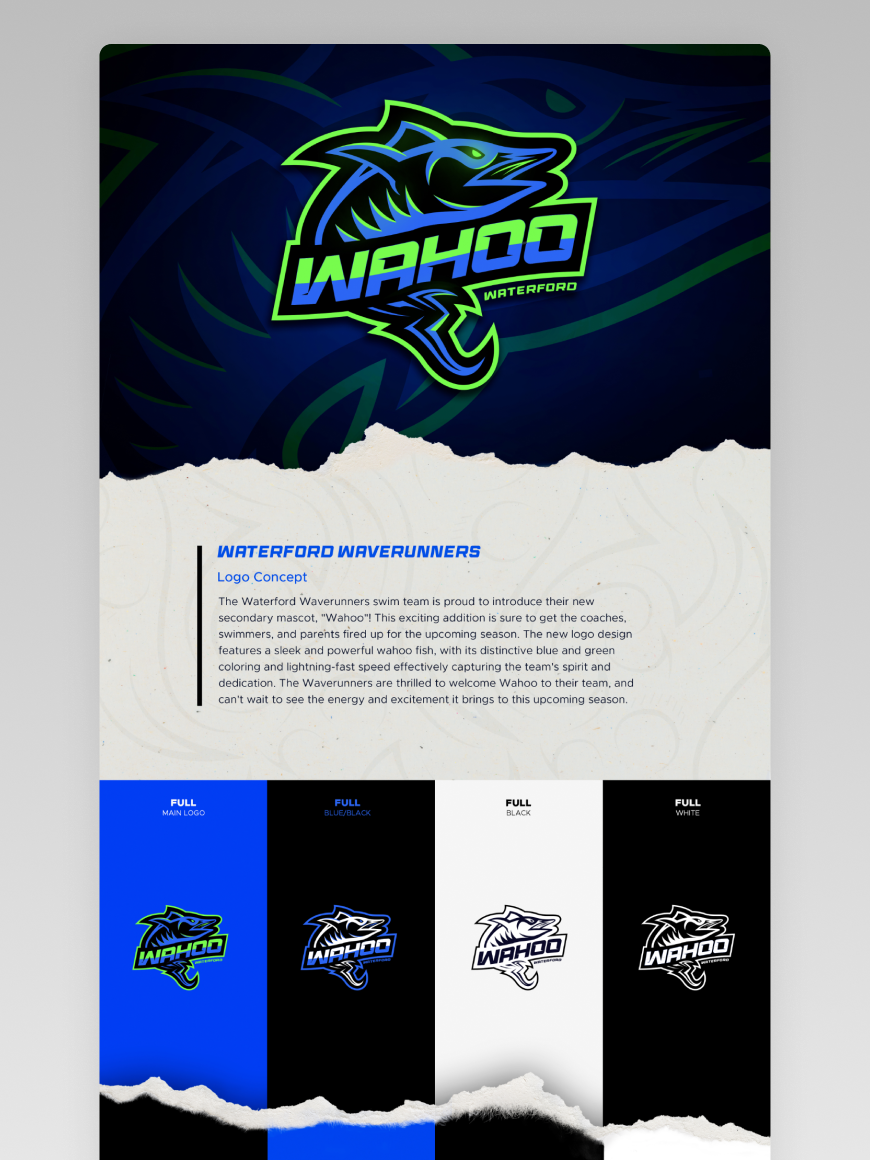 A visual of the Waterford Waverunners Wahoo mascot and the brand presentation