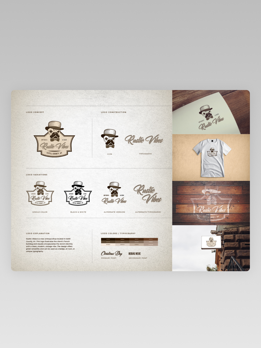 A visual mockup of the Rustic Vibes brand presentation. It incudes the logo primary logo of a french bulldog illustration, typography, color palette, and numerous mockups