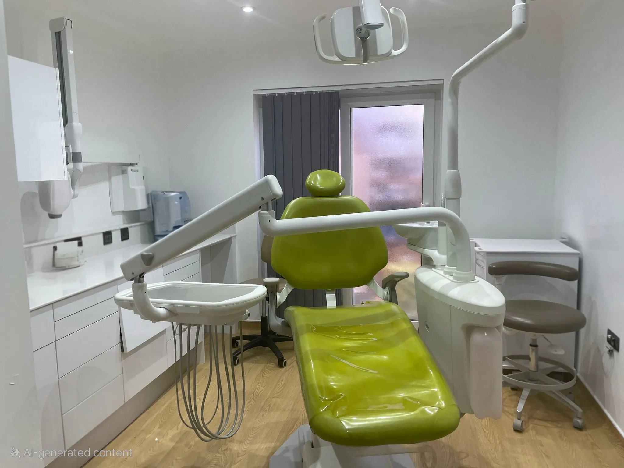 Modern dental clinic with a green dental chair, overhead light, dental equipment, and cabinets in a clean, white room.