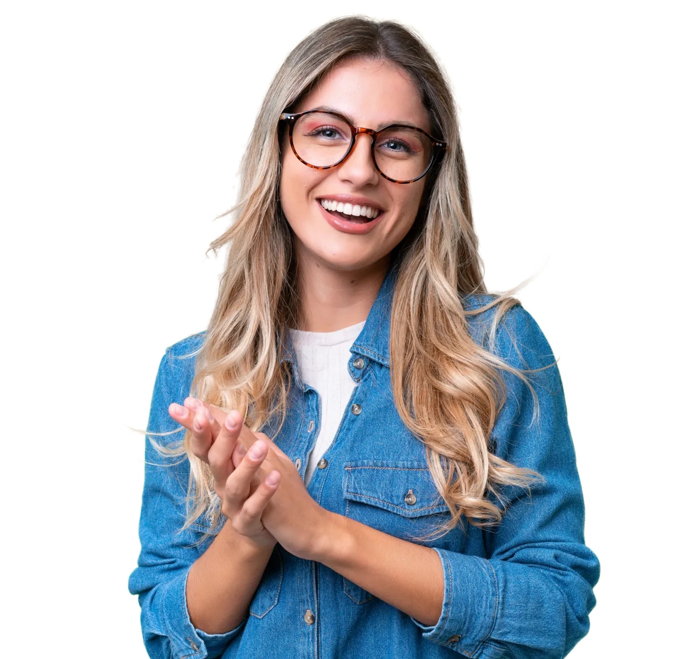 Smiling young woman with long blonde hair, wearing tortoiseshell glasses and a blue denim jacket.