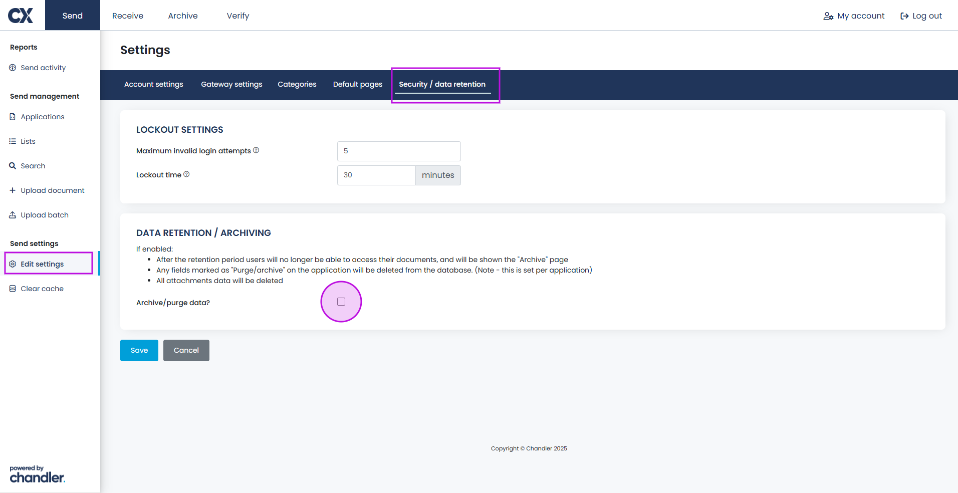 Screenshot showing where the archive purge data function