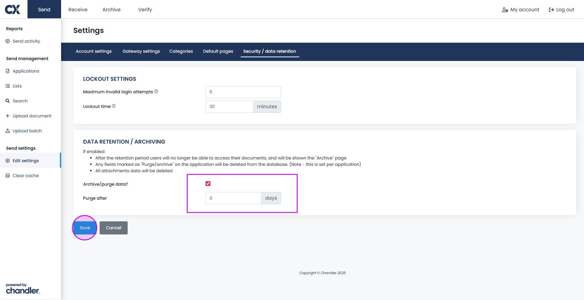Screenshot showing how to set the retention window