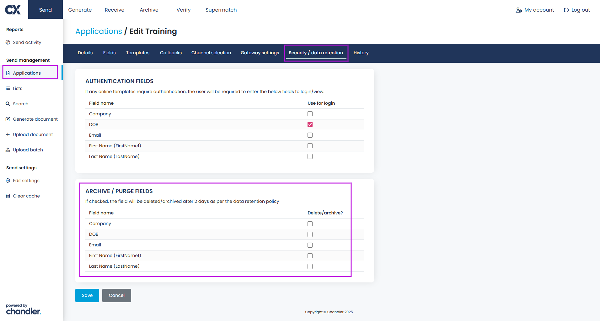 Screenshot showing where to edit application archive fields