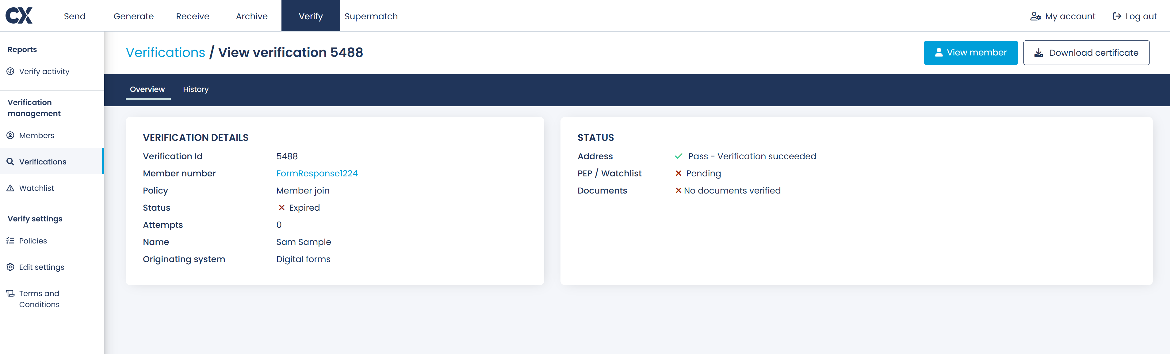 The Overview tab of a verification, showing the Verification details panel on the left and the Status panel on the right.