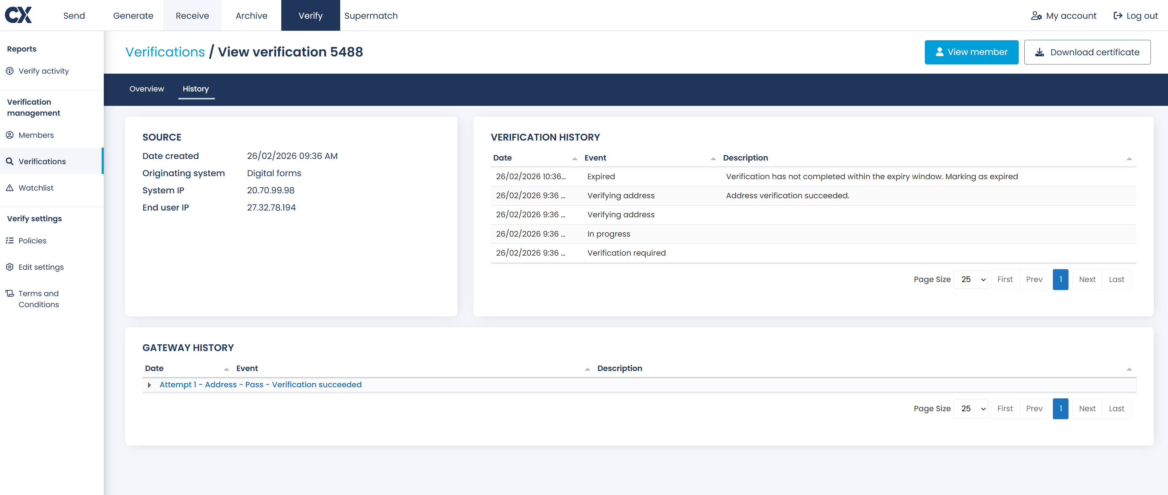 The History tab of a verification, showing the Source and Verification history panels at the top and the Gateway history panel below.