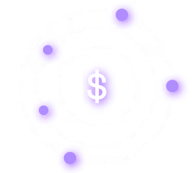 Central dollar sign surrounded by five purple dots connected by dashed circular lines.