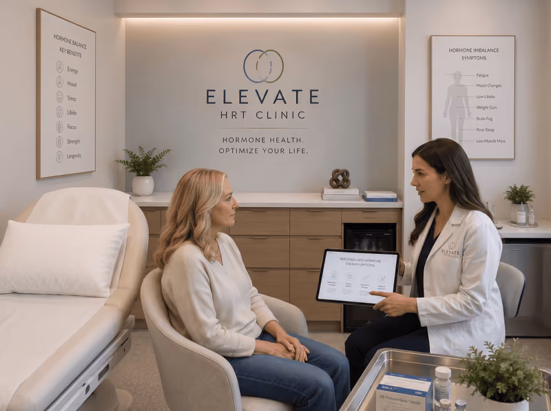 Doctor in white coat showing hormone therapy options on tablet to seated woman in clinic room.