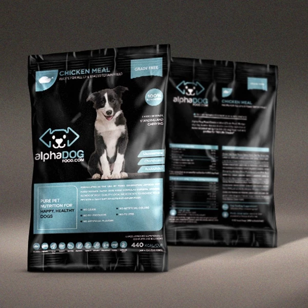 The Black Pouch by Alpha Dog Food with a Picture of a Dog and a Blue and White Font with Matching Text