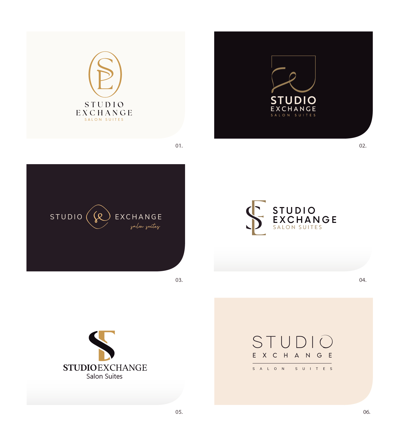 Studio Exchange Salon Suites logo featuring a modern interlocking SE monogram and refined typography