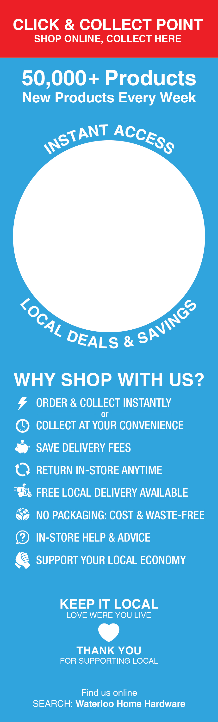 Large-format The Really Useful Store window poster design with QR code area and benefit icons