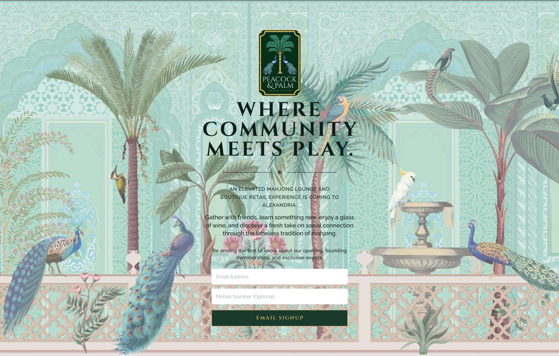 Peacock & Palm brand identity and Shopify landing page for a mahjong lounge and boutique