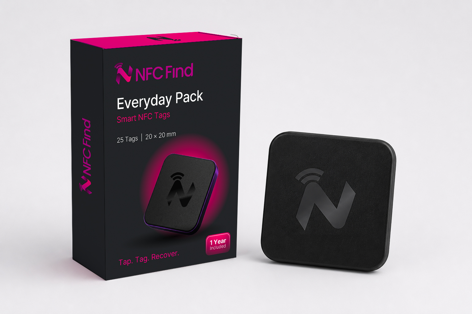NFCFind brand identity and packaging system for three NFC tag pack variants