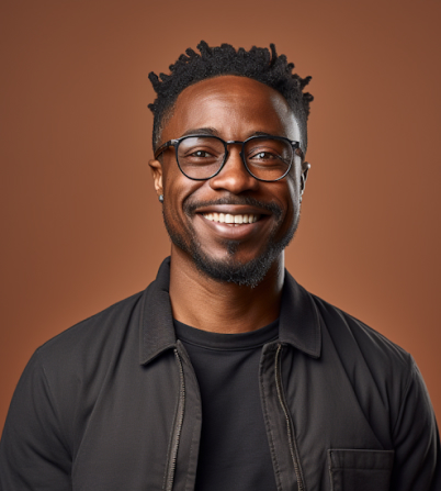 A man wearing glasses and a black shirt.