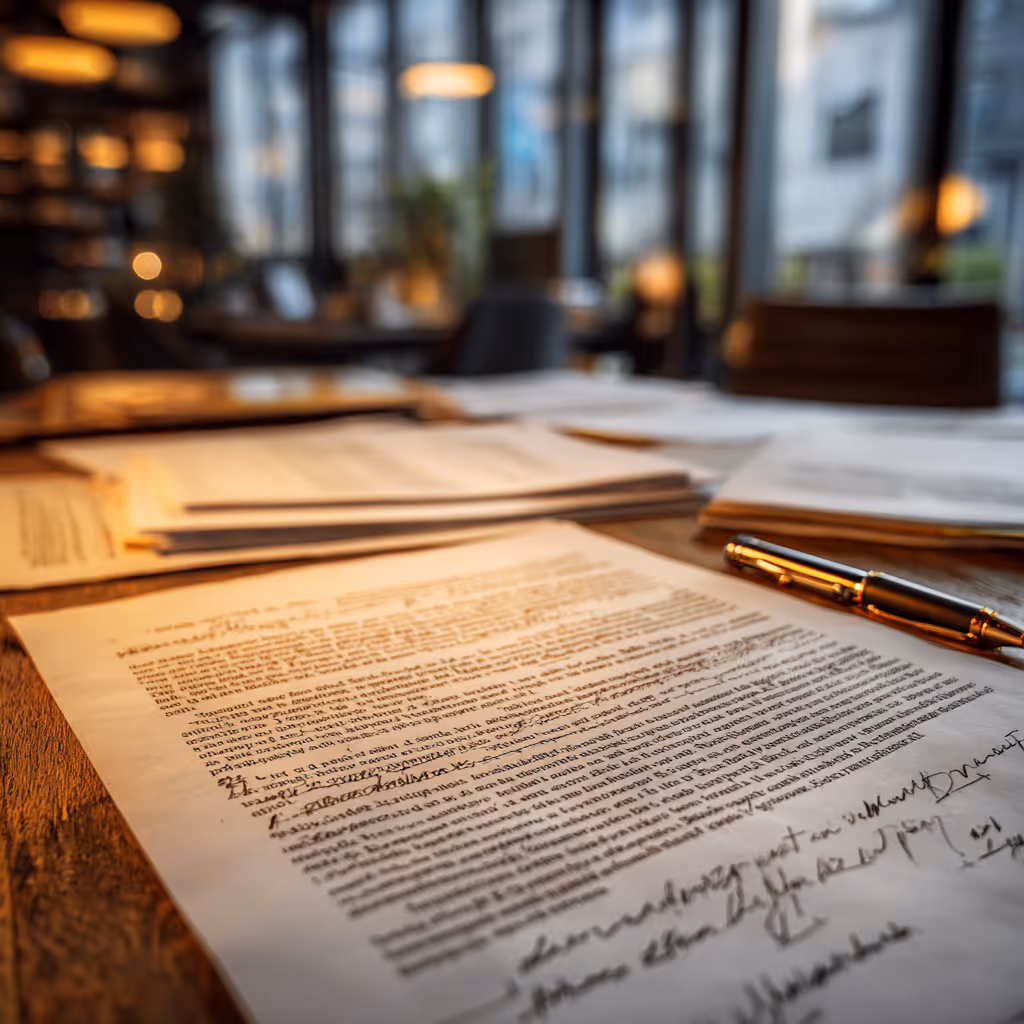 Close-up of a table scattered with typed and handwritten documents and a gold pen in a warmly lit room.