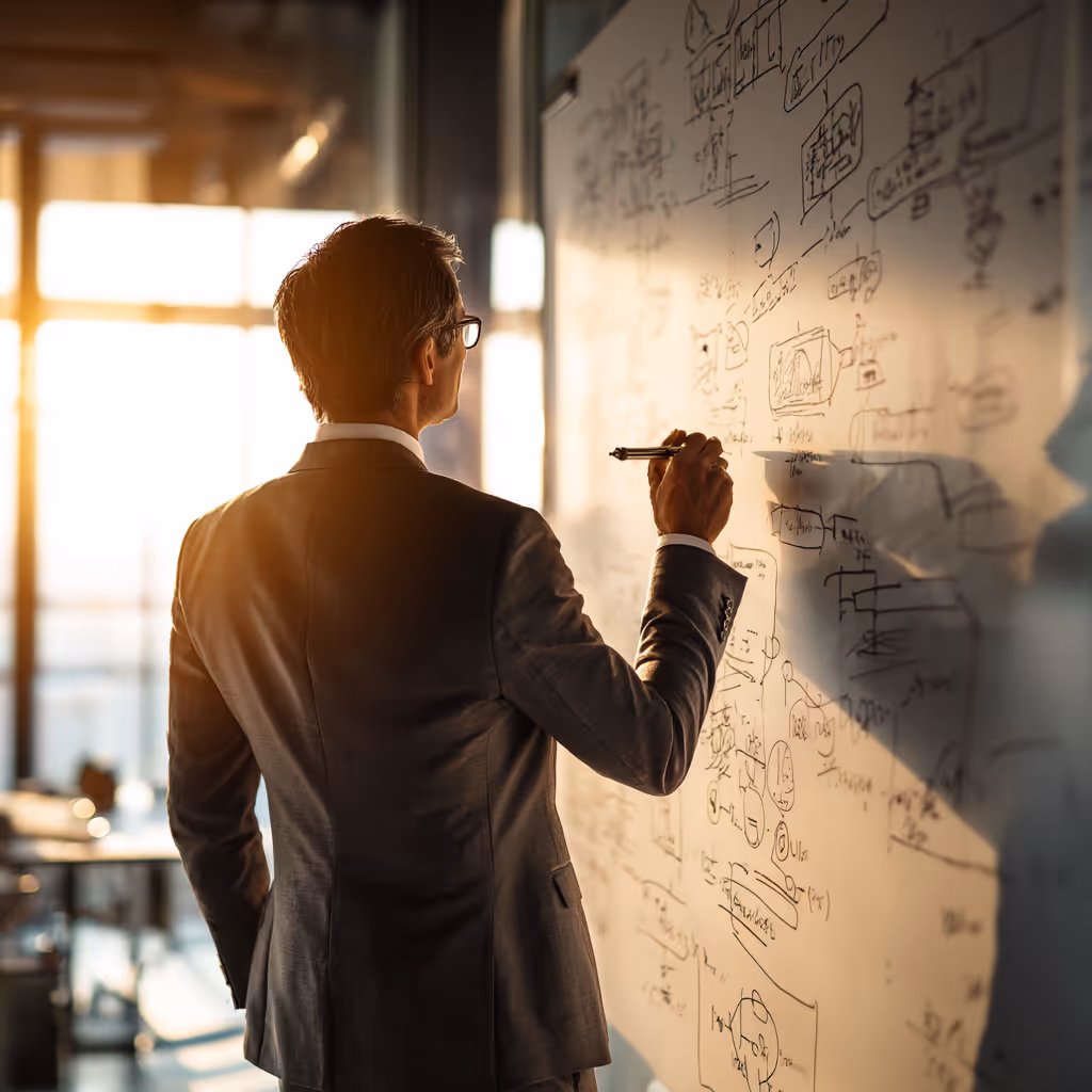 Man in a suit writing complex diagrams and notes on a whiteboard in a sunlit office.