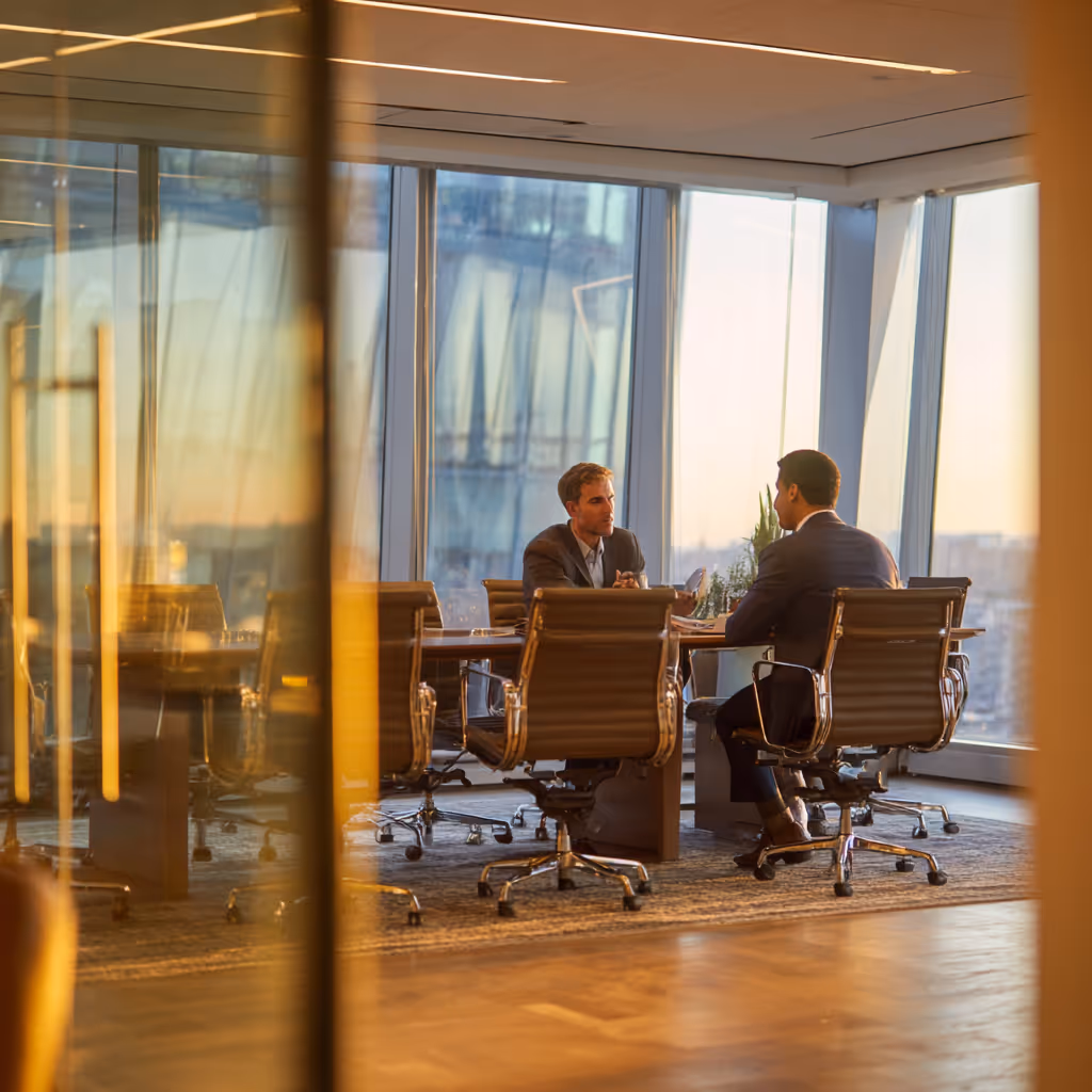 Two men in business suits having a meeting at a conference table in a modern office with large windows during sunset.