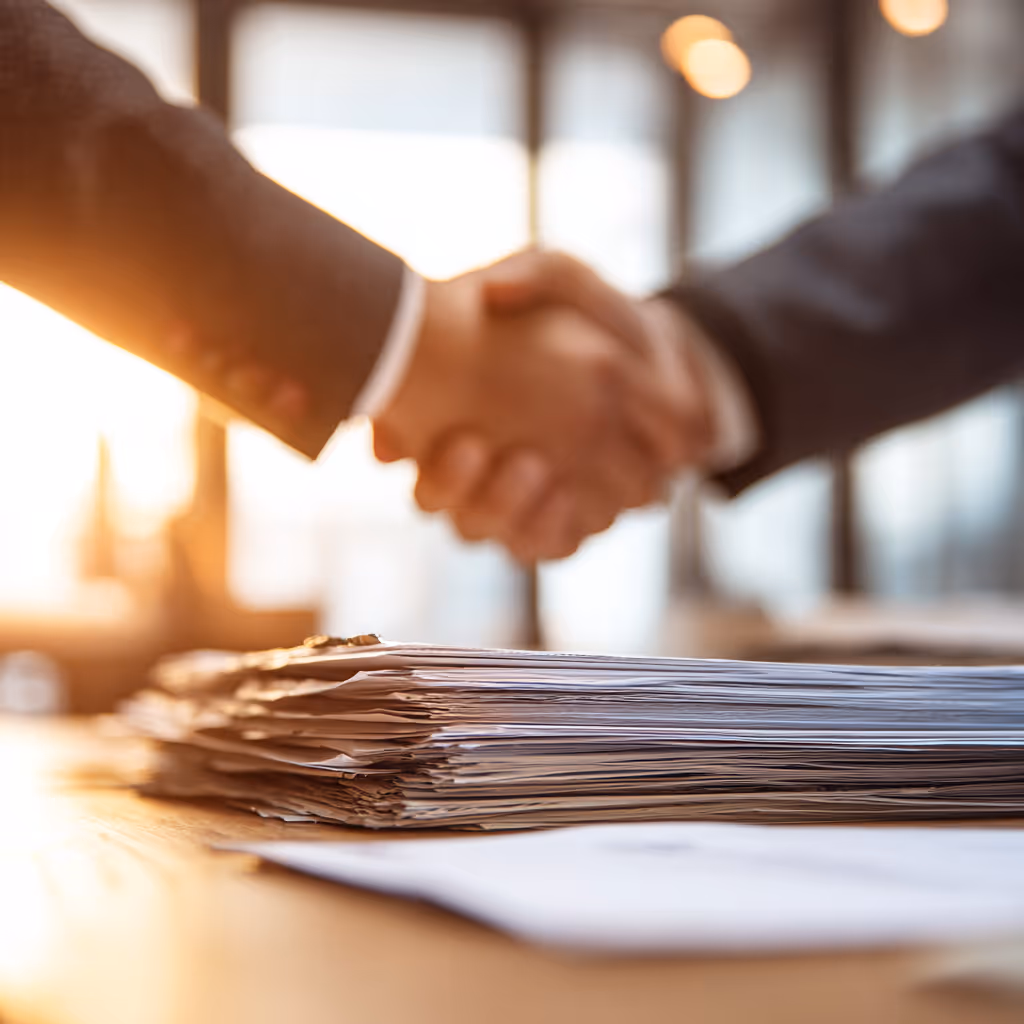 Two people shaking hands in an office with a large stack of documents on a wooden table in the foreground.