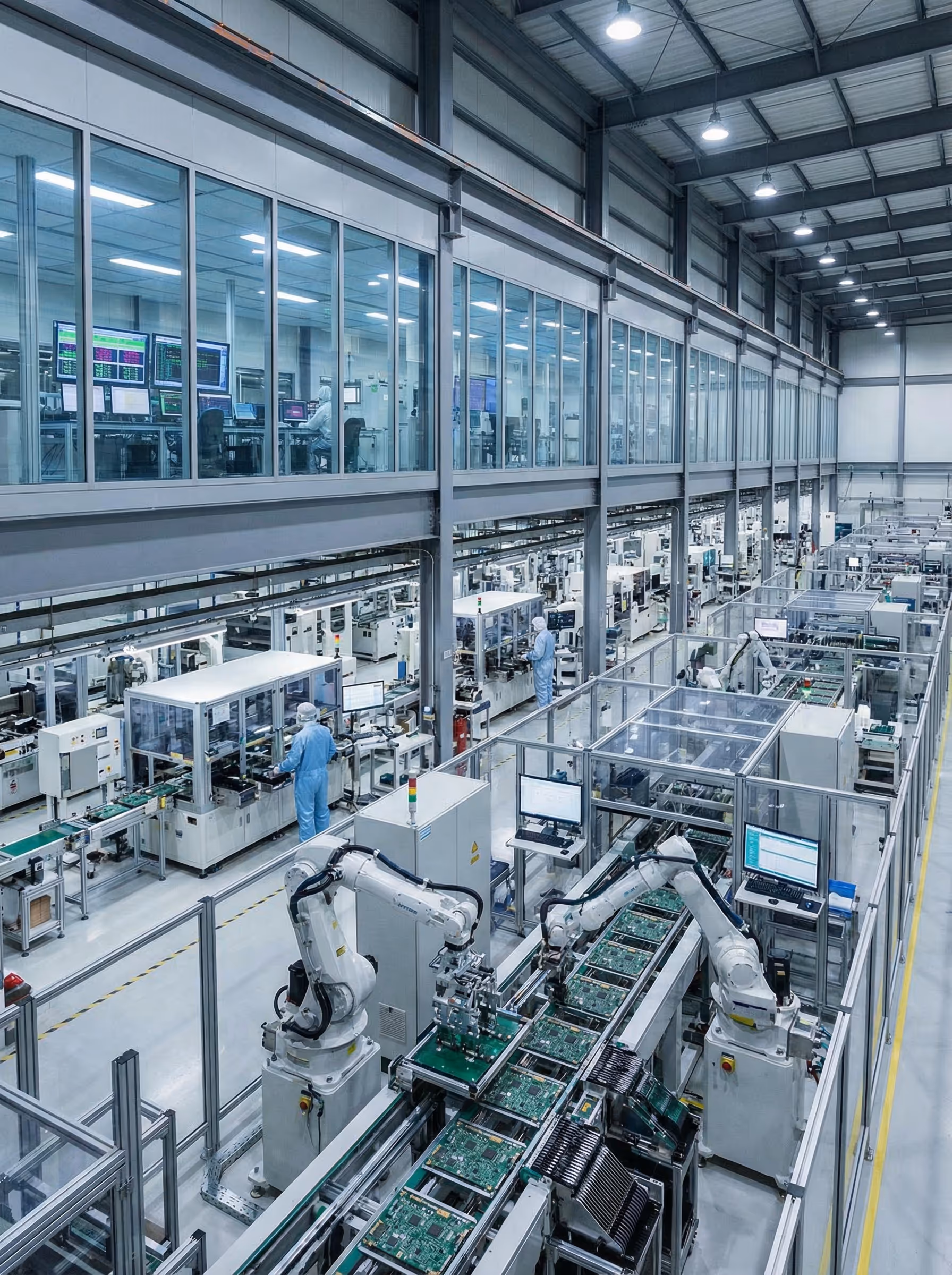 Modern electronics manufacturing facility with robotic arms assembling circuit boards and technicians working in cleanroom suits.