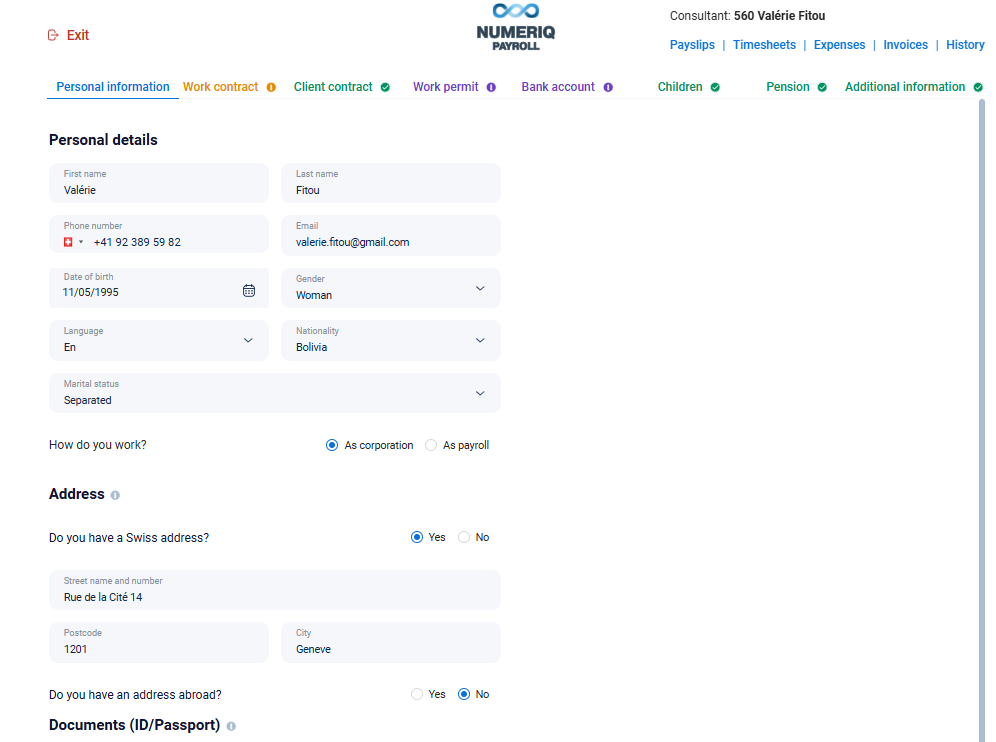 NUMERIQ PAYROLL user interface displaying personal details of consultant Valérie Fitou including name, phone, email, birthdate, gender, language, nationality, marital status, work type, and Swiss address fields.