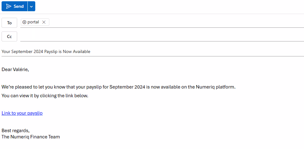 Brouillon d'e-mail adressé au portail informant Valérie que sa fiche de paie de septembre 2024 est disponible sur la plateforme Numeriq, avec un lien cliquable.