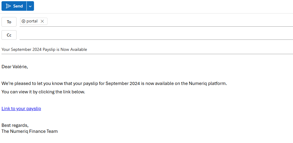 Email draft addressed to portal notifying Valérie that her September 2024 payslip is available on the Numeriq platform with a clickable link.