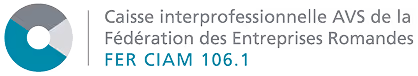 Logo with a circular geometric design next to the text 'Caisse interprofessionnelle AVS de la Fédération des Entreprises Romandes FER CIAM 108.1'.