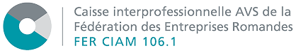 Logo with a circular geometric design next to the text 'Caisse interprofessionnelle AVS de la Fédération des Entreprises Romandes FER CIAM 108.1'.