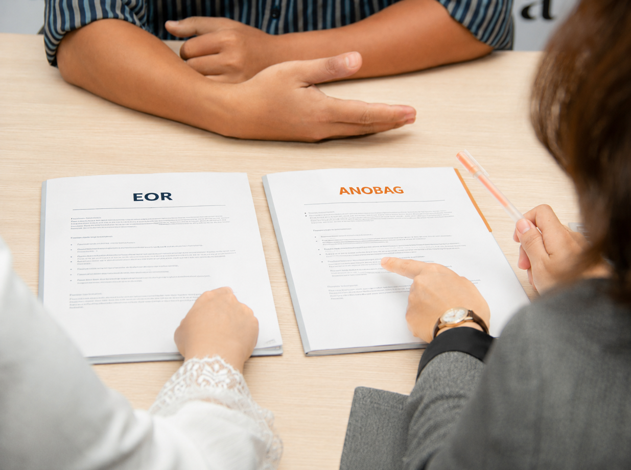 Two people comparing EOR and ANOBAG documents side by side on a desk
