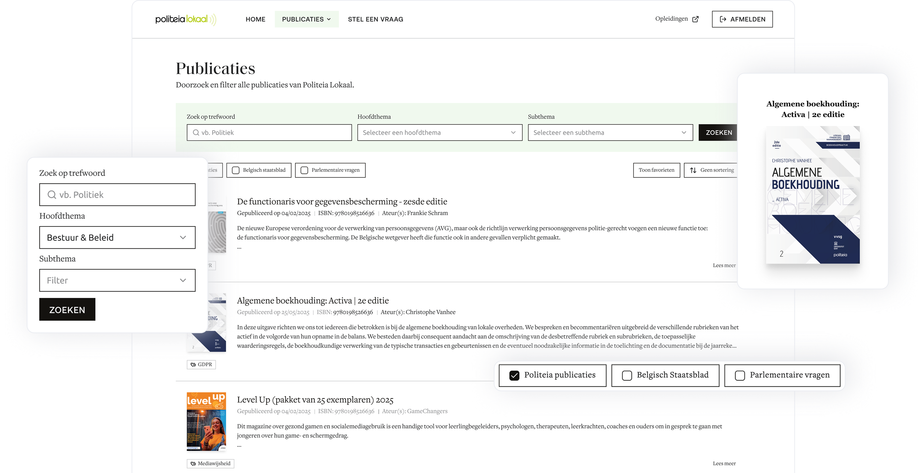 Schermafbeelding van de publicatiepagina van Politeia Lokaal met zoek- en filteropties op trefwoord, hoofdthema en subthema, en een overzicht van publicaties met boekcovers en details.