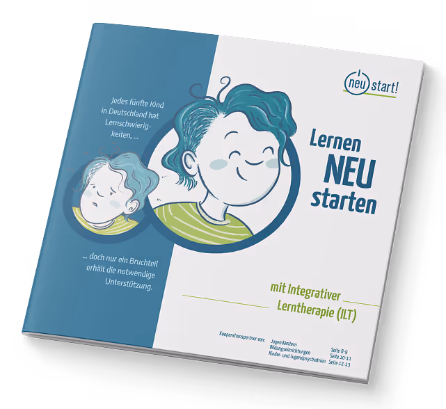 Broschüre mit Titel Lernen NEU starten, Illustration eines lächelnden Kindes, Text über Lernschwierigkeiten bei Kindern in Deutschland und integrative Lerntherapie.