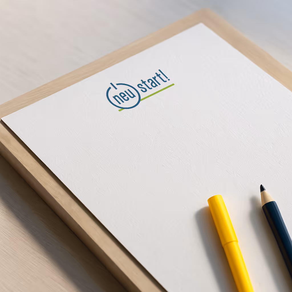 Ein weißes Blatt mit dem Logo 'neu start!' in blauer und grüner Schrift, daneben ein gelber Marker und ein schwarzer Bleistift.