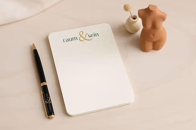 Notizblock mit dem Schriftzug 'raum & sein', daneben ein schwarzer Stift und zwei Dekorationsobjekte, darunter eine weibliche Tonfigur und eine kleine Vase mit Trockenblume auf hellem Hintergrund.