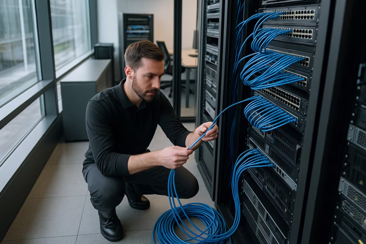 Technician installing commercial data cabling