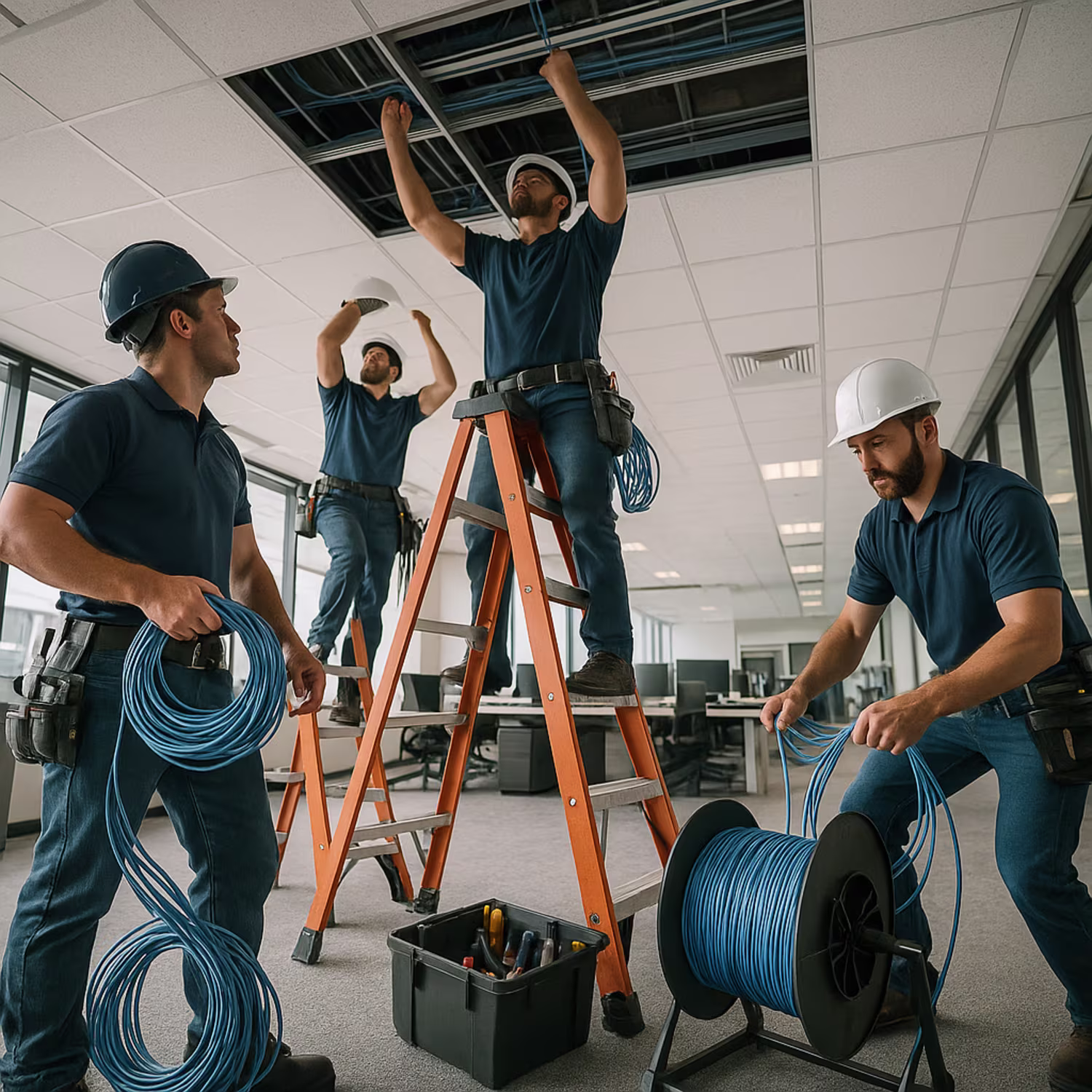 Technicians installing commercial data cabling