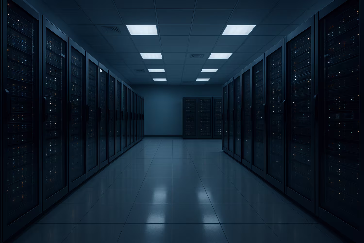 Empty server room anticipating IT downtime