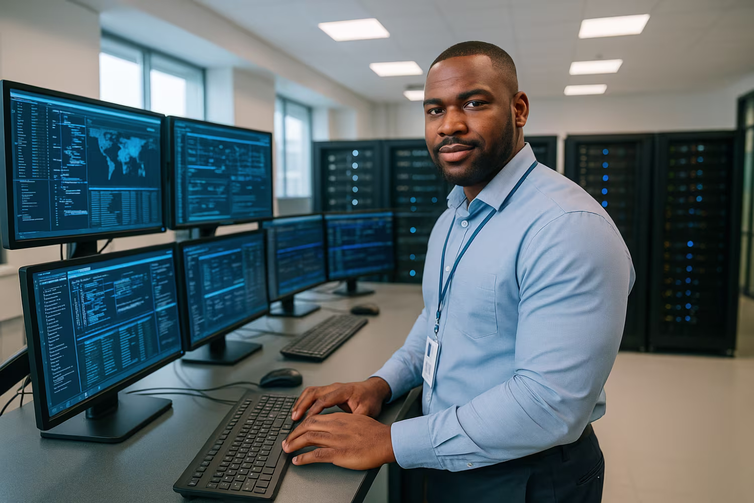 IT specialist managing high-tech control room