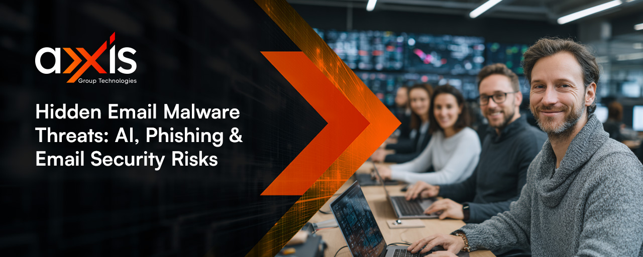 AXXIS Group Technologies banner on hidden email malware threats, AI phishing and email security risks with IT team working