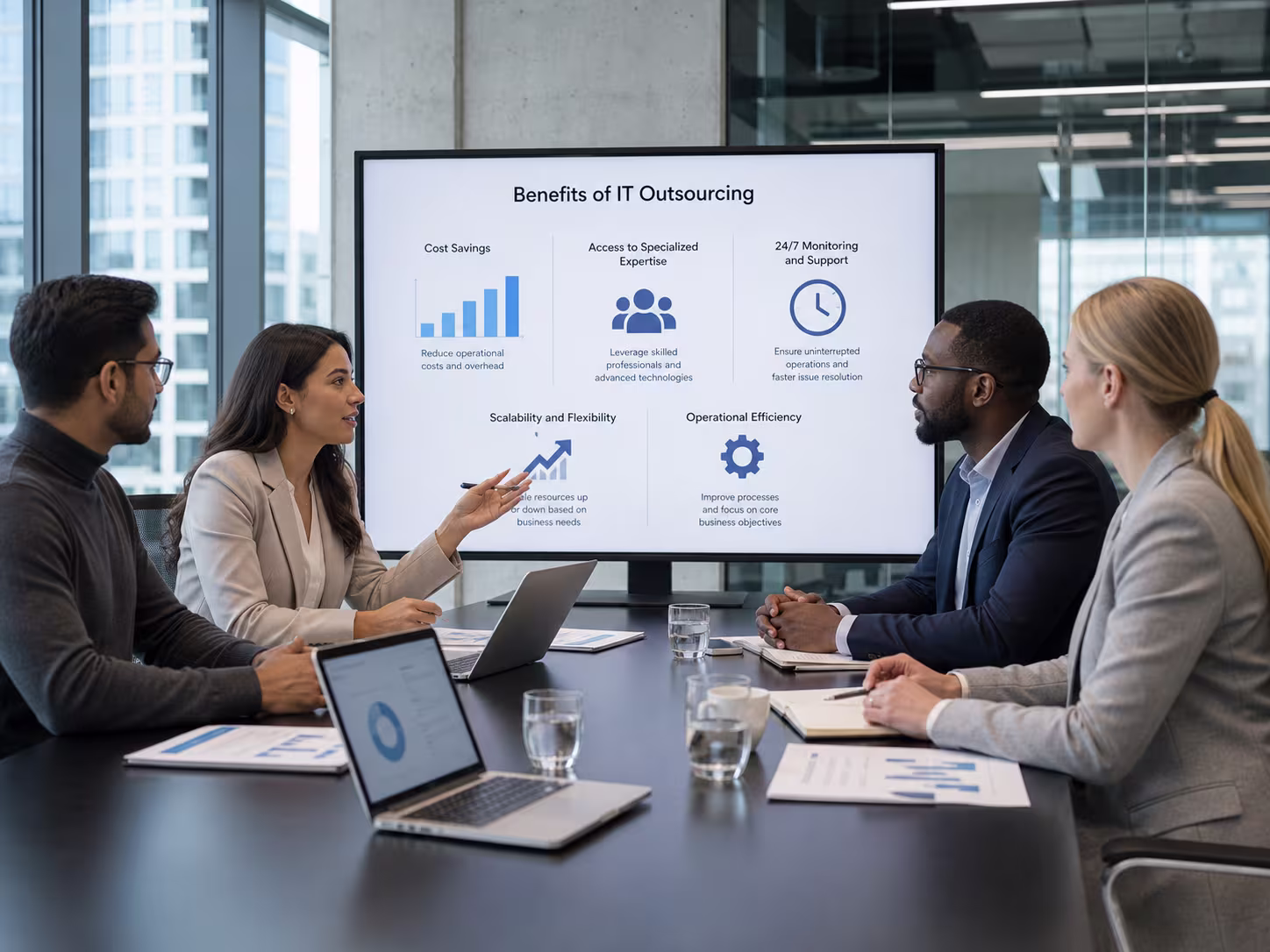 Diverse professionals discussing IT outsourcing benefits