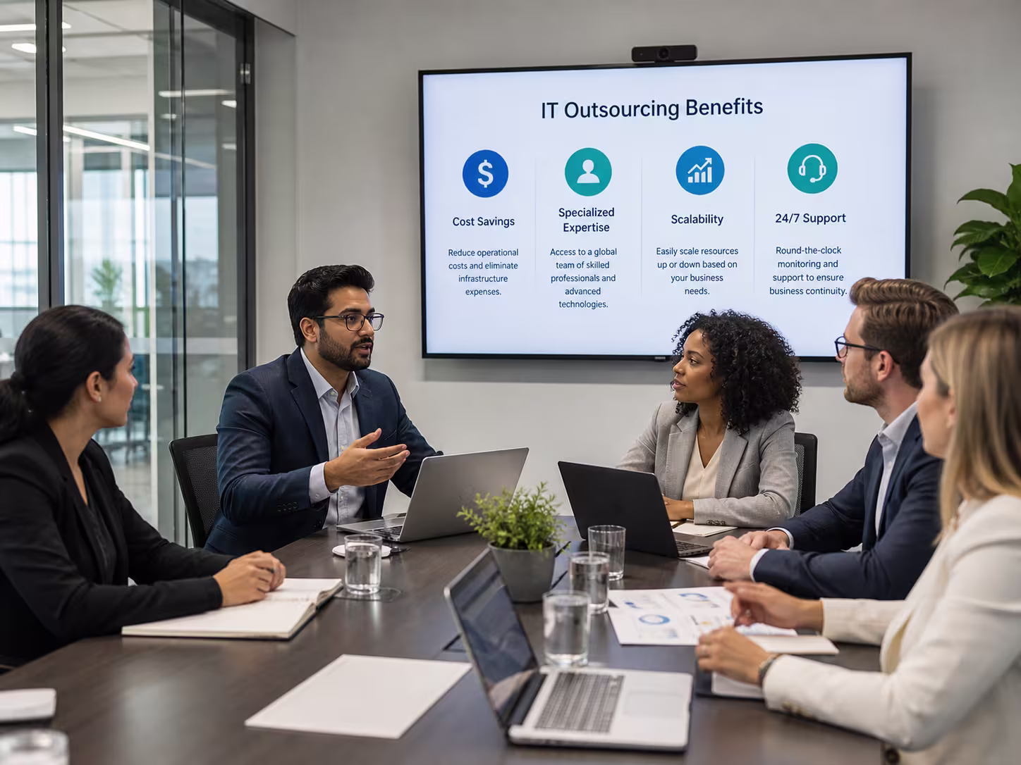 Diverse team discussing IT outsourcing benefits