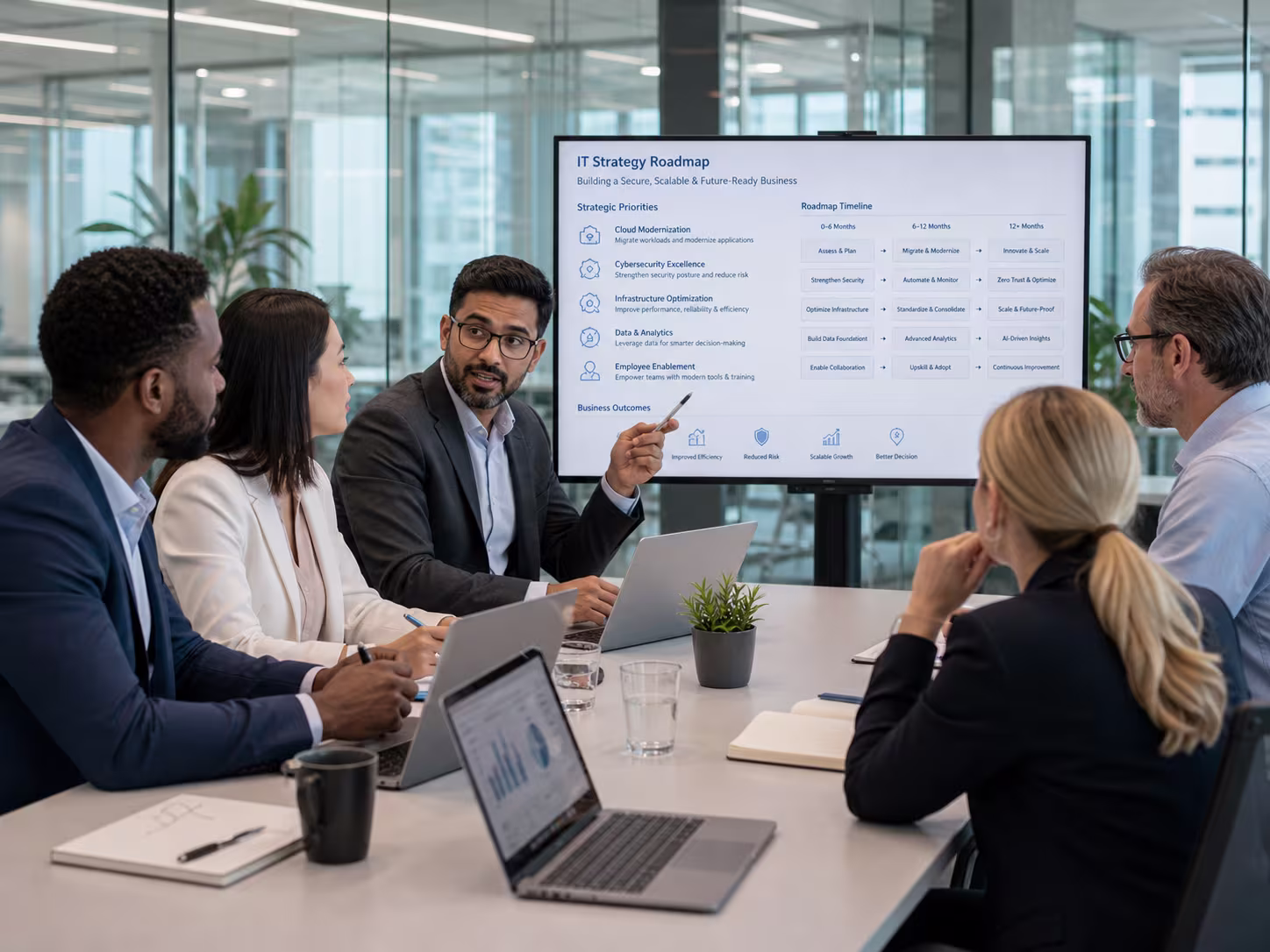 Diverse team discussing IT strategy
