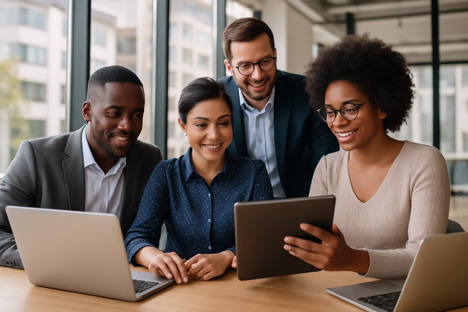 Diverse professionals discussing business IT benefits