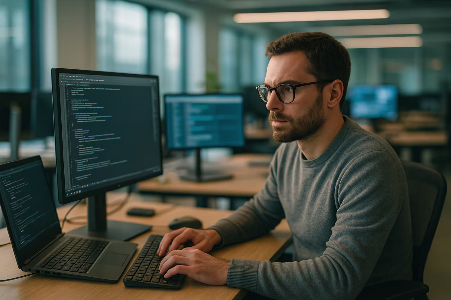 Focused IT professional in high-tech office