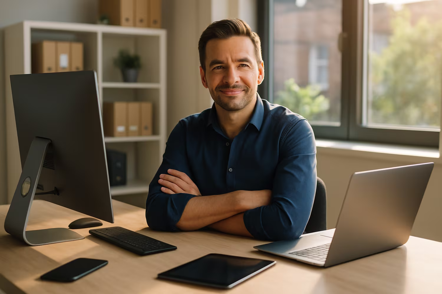 Small business owner with IT equipment