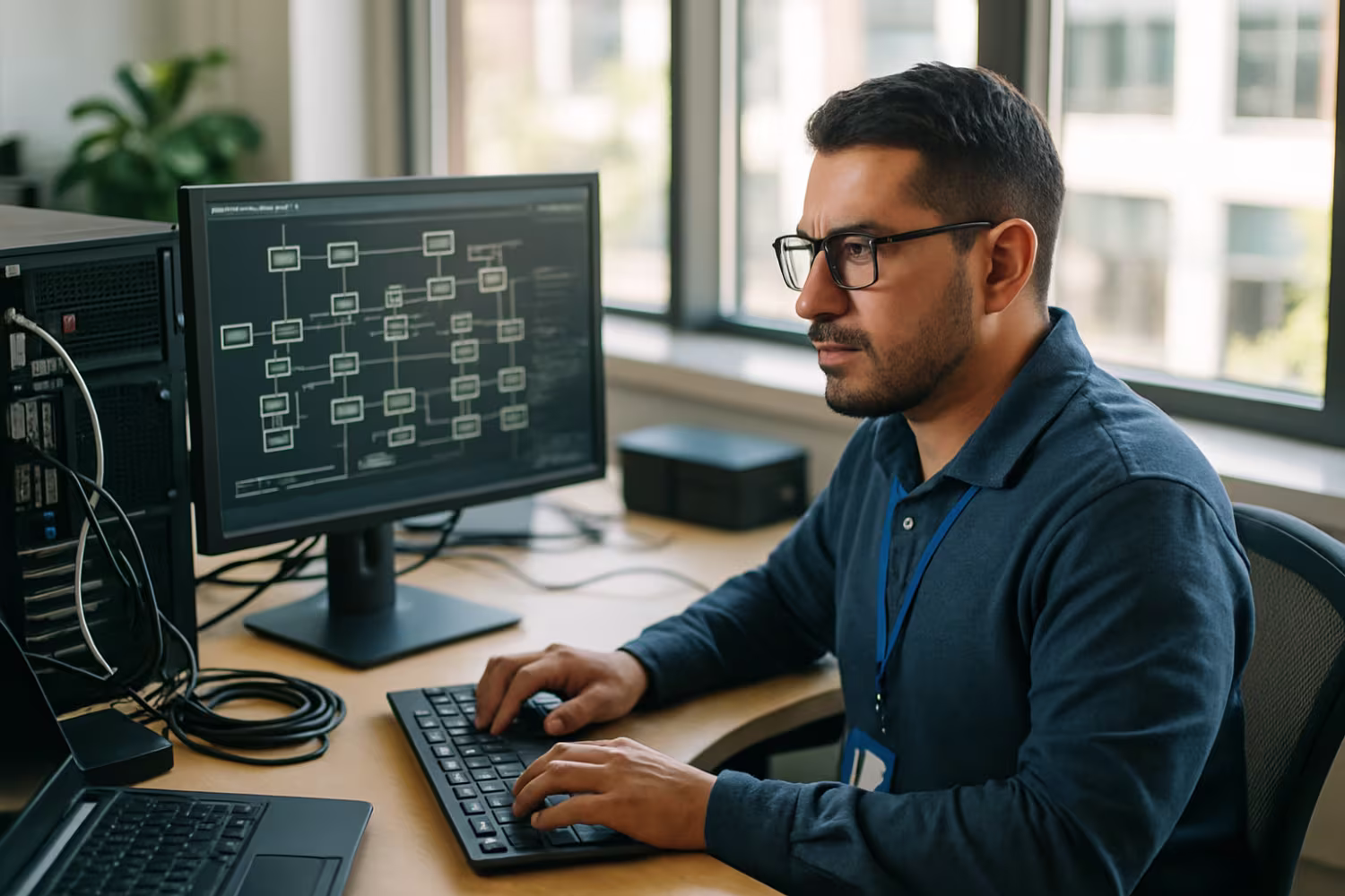 Hispanic IT technician analyzing network