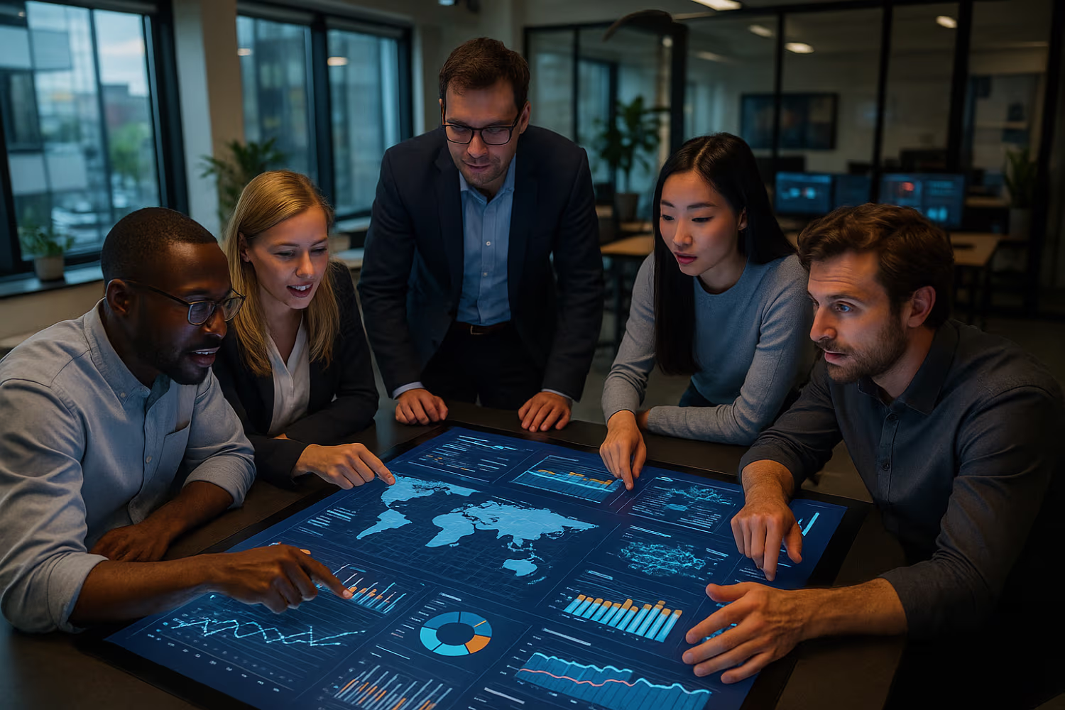 Employees collaborating on digital table, business IT services