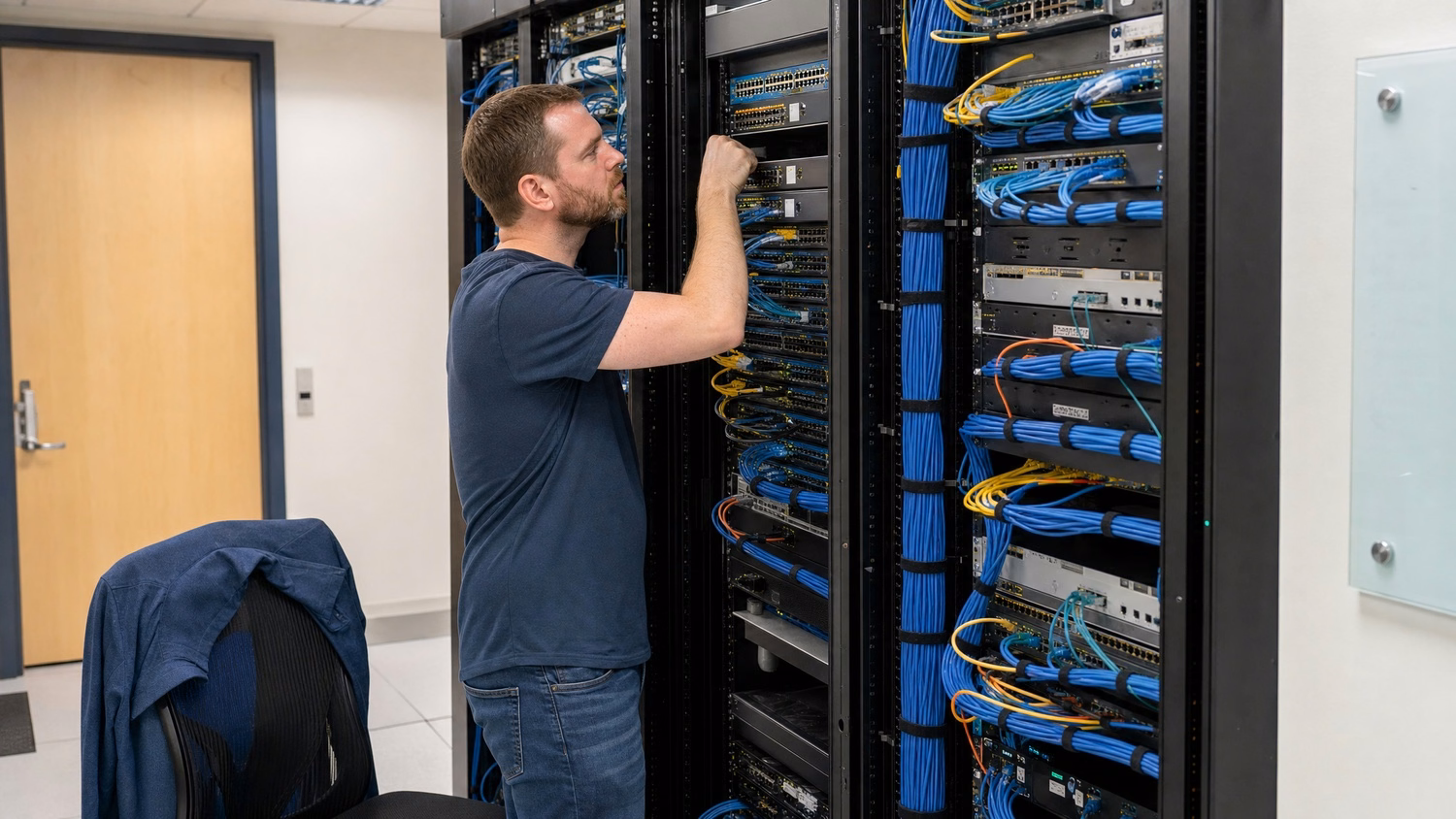 A white man in his late 30s is standing in a server room, examining a rack